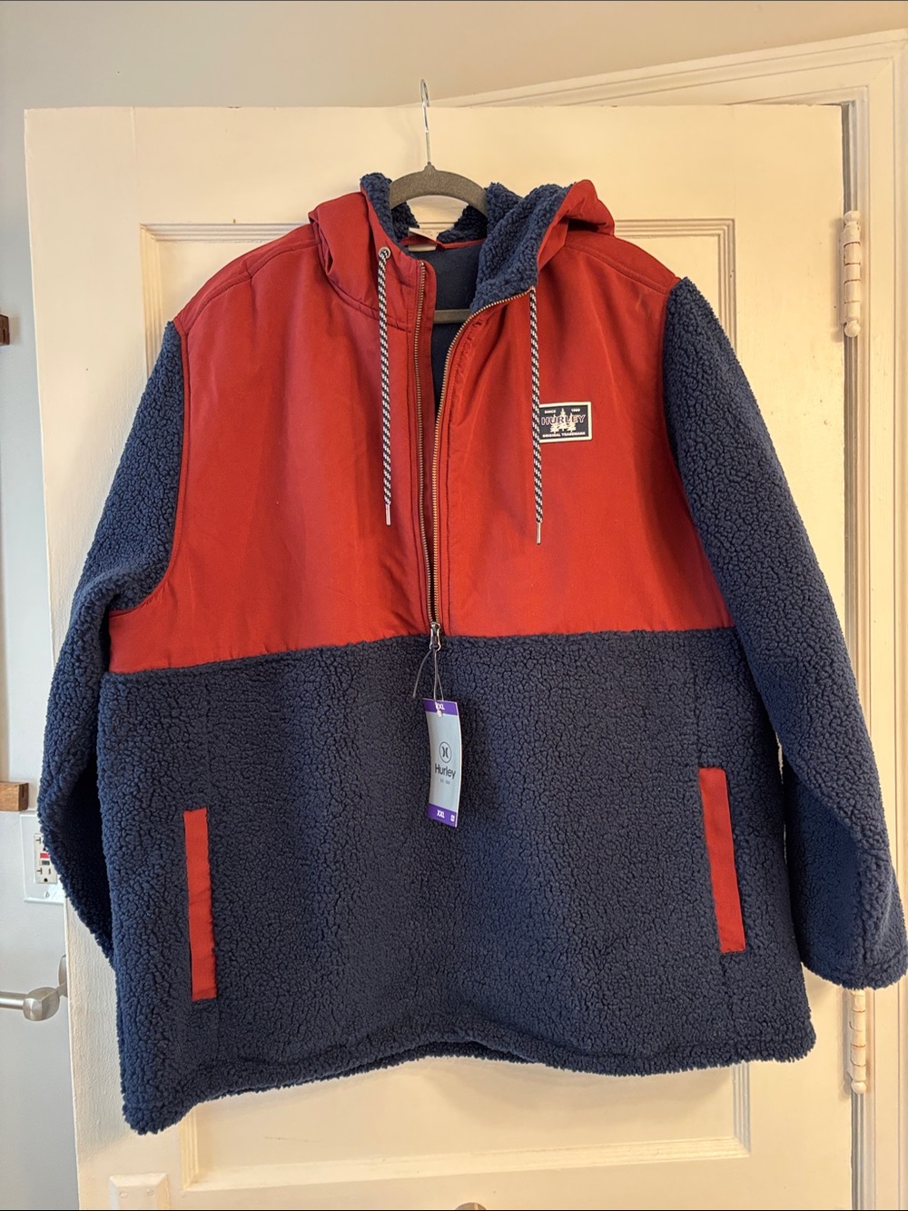 Hurley Two-Tone Hooded Puffer Sherpa Jacket - Red & Navy